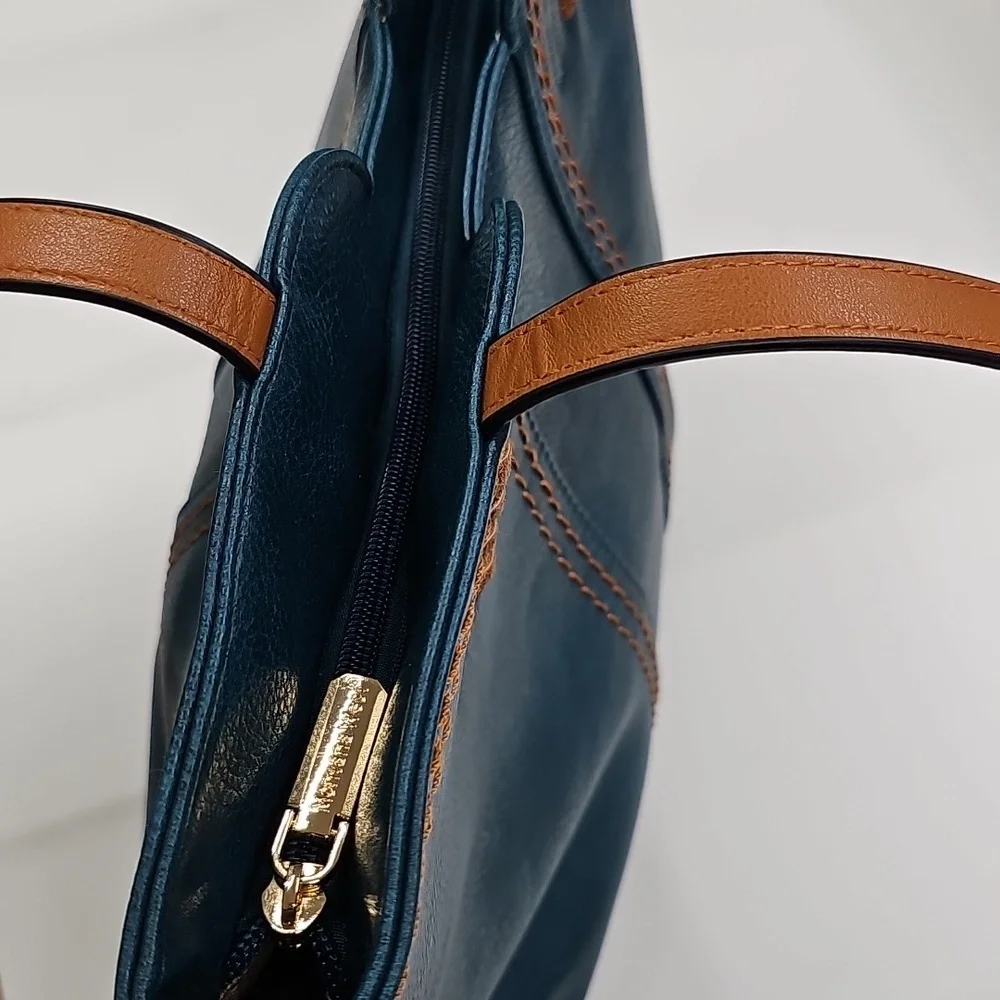 Montana West Teal & Brown Faux Leather Tote Bag, Spacious With Zipper Closure - Picture 6 of 10